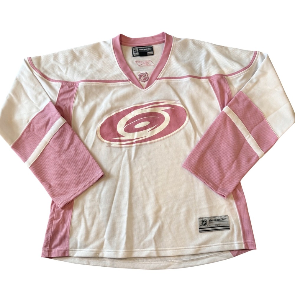 Vintage Reebok Carolina Hurricanes Pink White NHL Hockey Jersey XL CCM Y2K